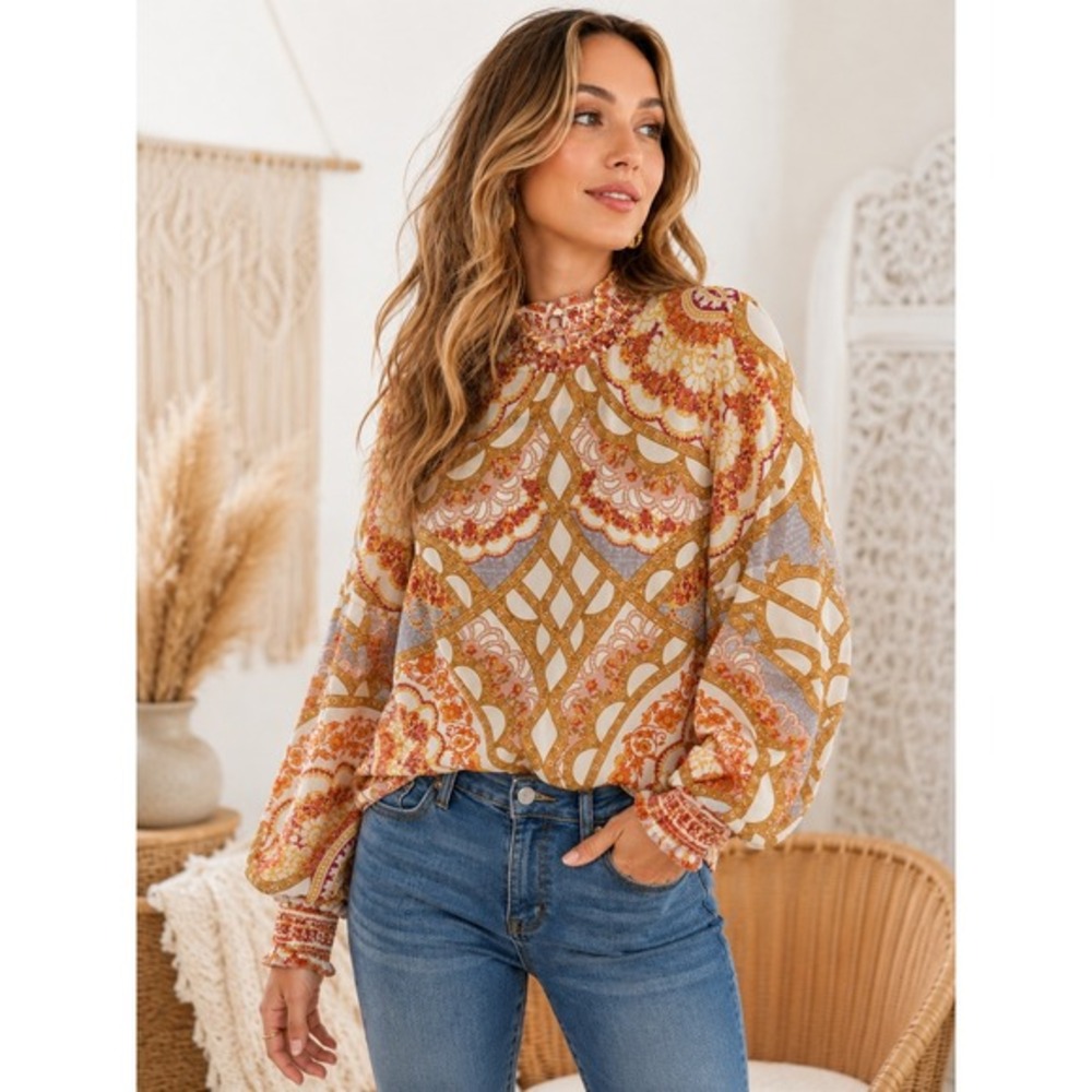 Jealous Tomato Boho Paisley Mock Neck Balloon Sleeve Blouse Top M